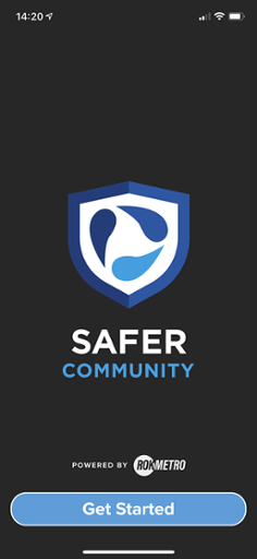 Mobile device screenshot showing the startup page of the Safer Community app; there is a large Get Started button at the bottom of the screen.